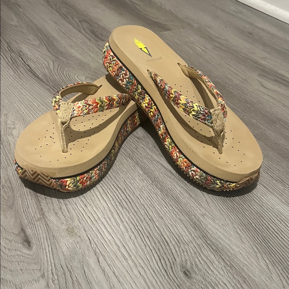 Volatile Multicolor Braided Strap Tan Wedge Sandals
